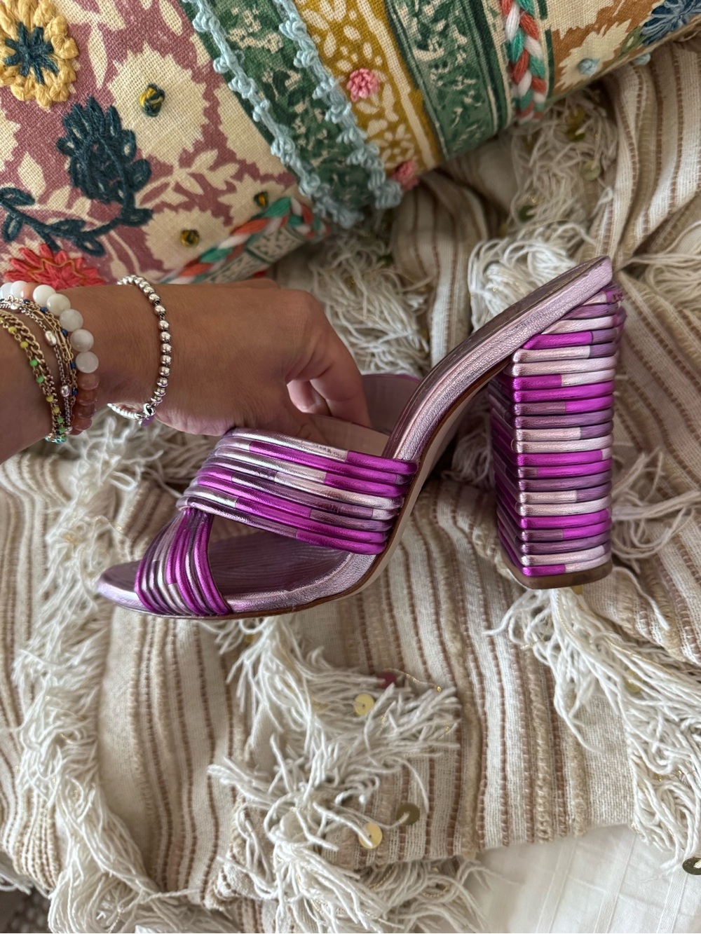 SCHUTZ Metallic Fuchsia Strappy Block Heel Sandals - Women - Picture 3 of 6